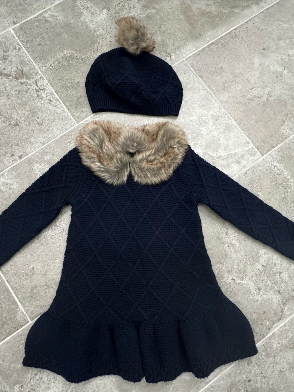 Tahari Navy Knit Sweater Dress with Faux Fur Collar and Matching Pom Beanie
